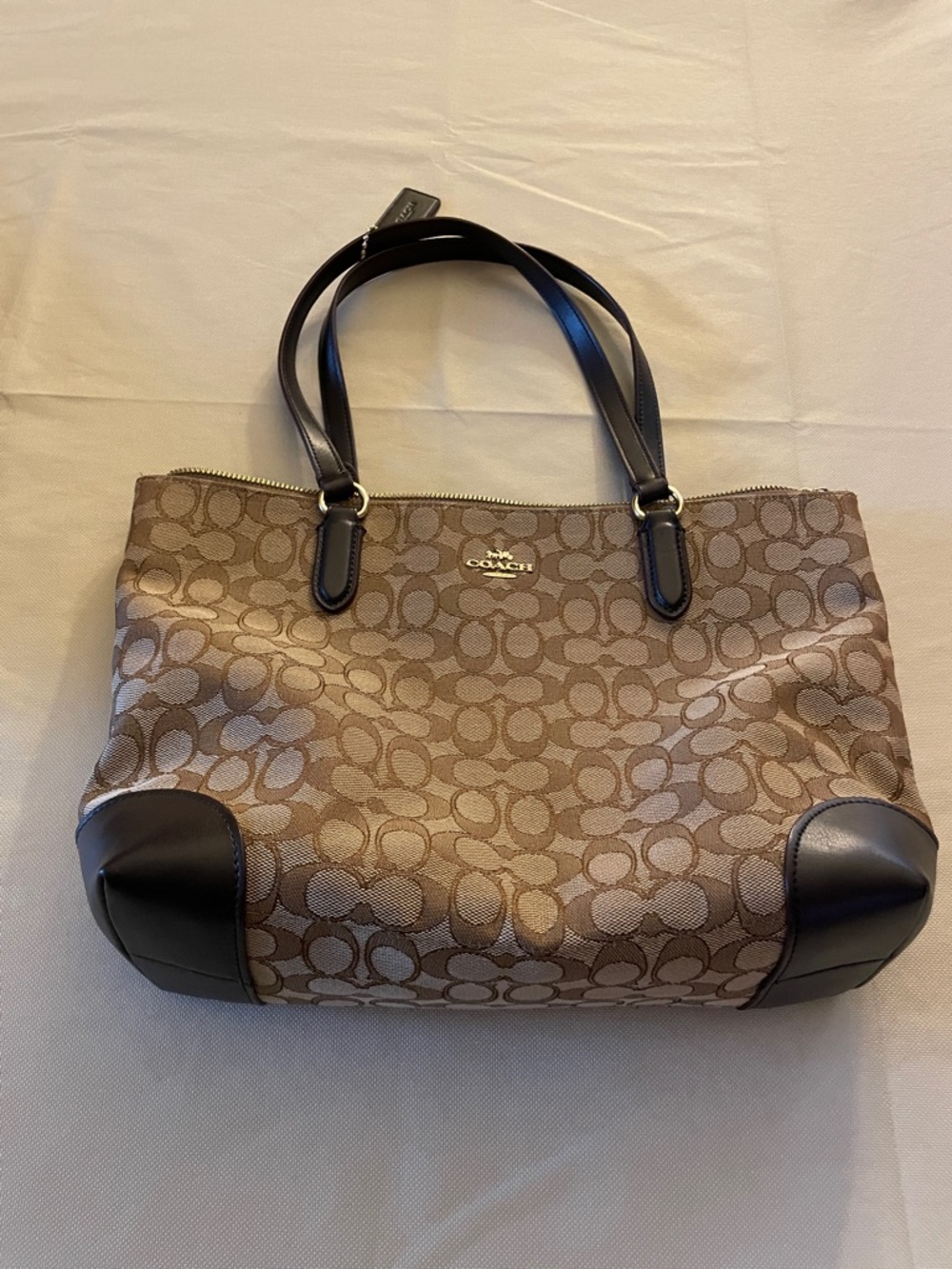 Coach Brown Signature Canvas Tote with Dark Brown Leather Trim